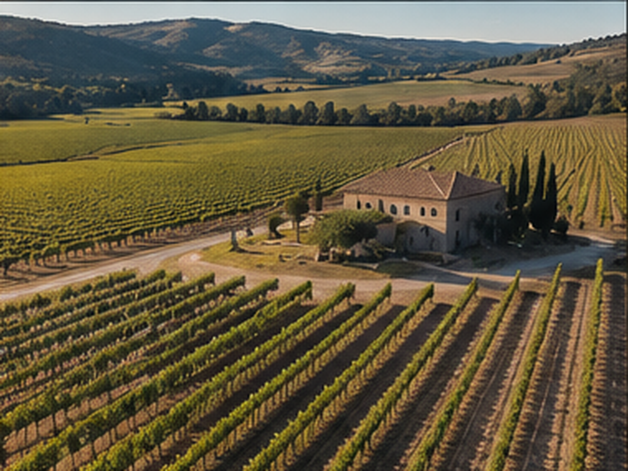 Filmación aérea de bodega y viñedos